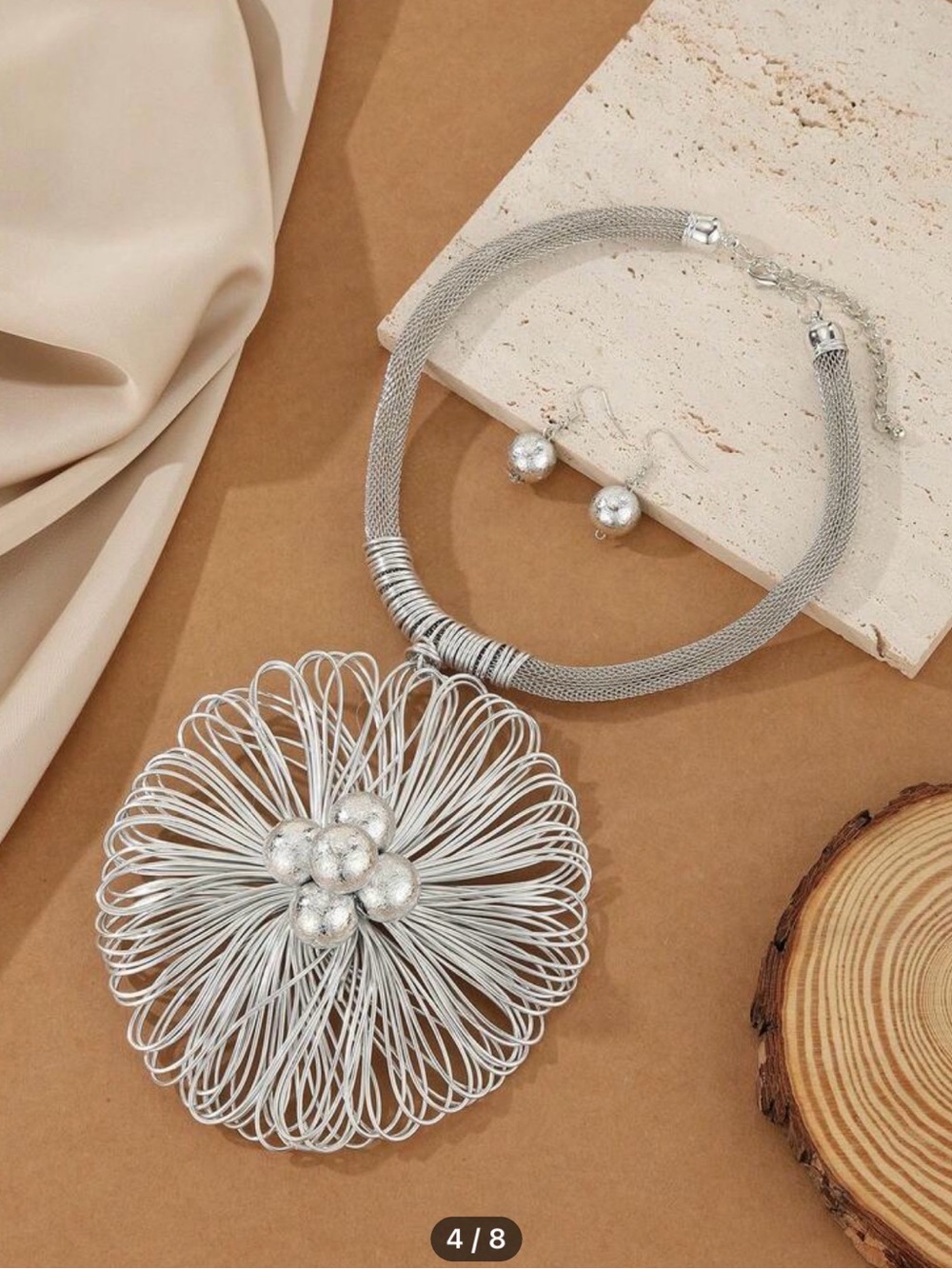 Silver Floral Statement Necklace and Earrings Set